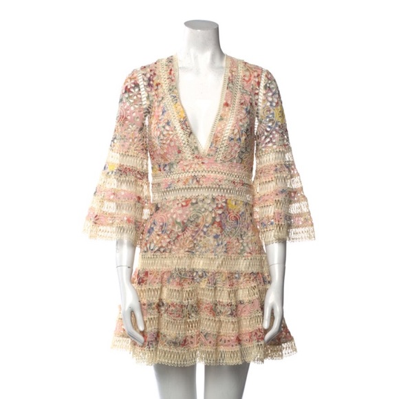 Zimmerman A Line Dress w Crochet Mesh Detailing and Beige w pink & purple Sz 6 - Picture 3 of 11